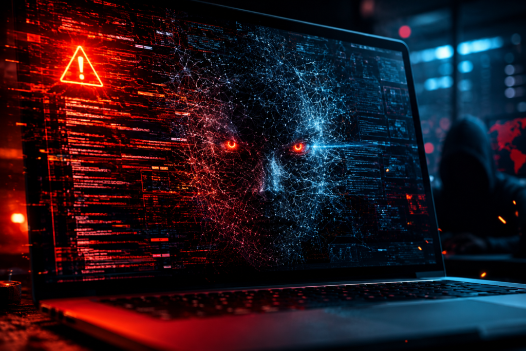 Imagen de ciberseguridad e inteligencia artificial mostrando una alerta digital y una red conectada sobre una ciudad