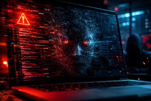 Imagen de ciberseguridad e inteligencia artificial mostrando una alerta digital y una red conectada sobre una ciudad