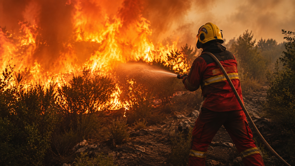 Bombero combate un incendio forestal con una manguera