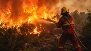 Bombero combate un incendio forestal con una manguera